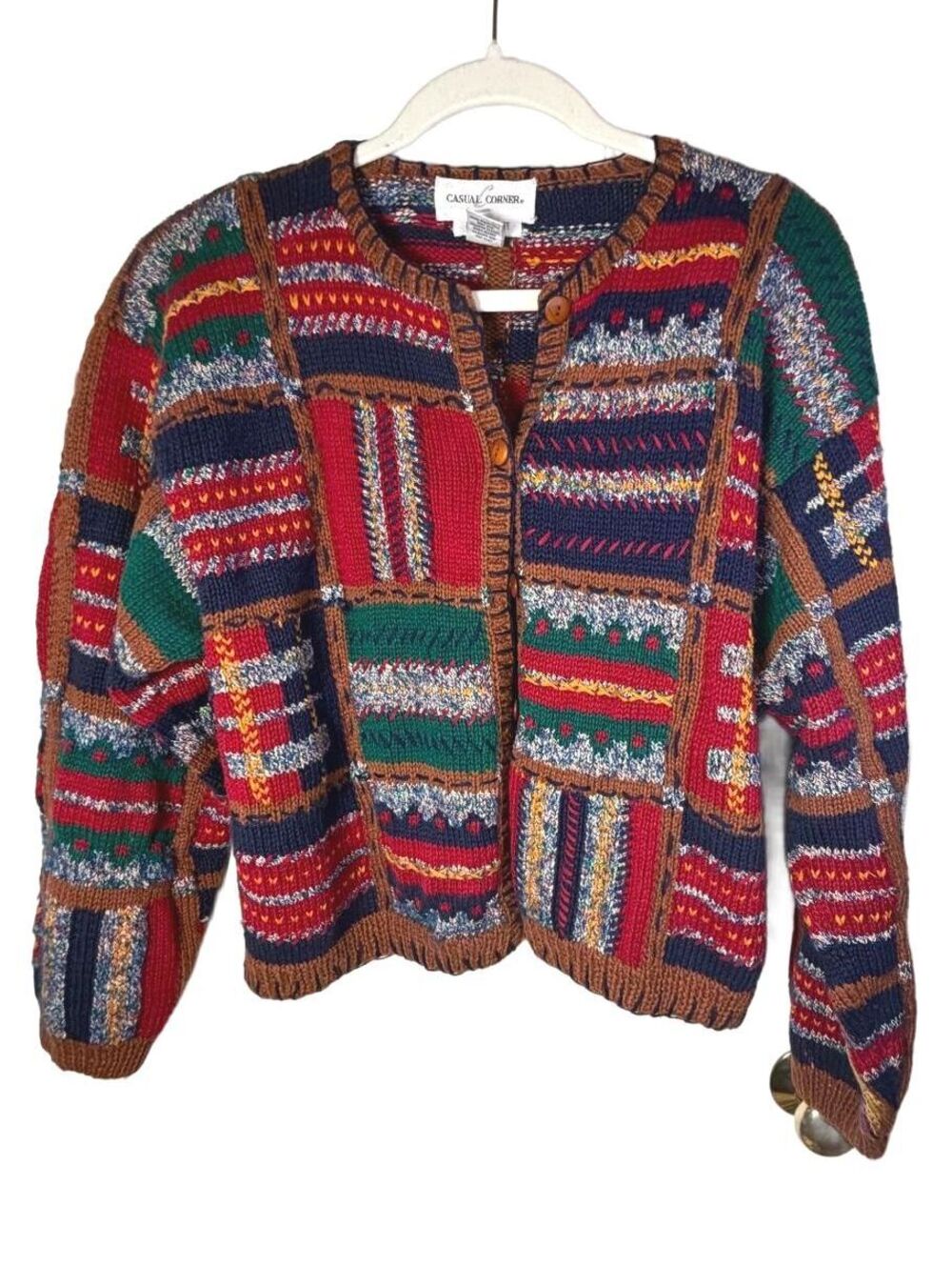 Vintage 90s/Y2K Hand Knit Patchwork Cardigan L
